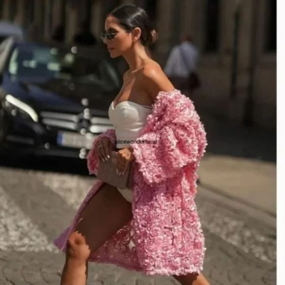 RARE ZARA FLORAL KNIT COAT PINK - Picture 5 of 16